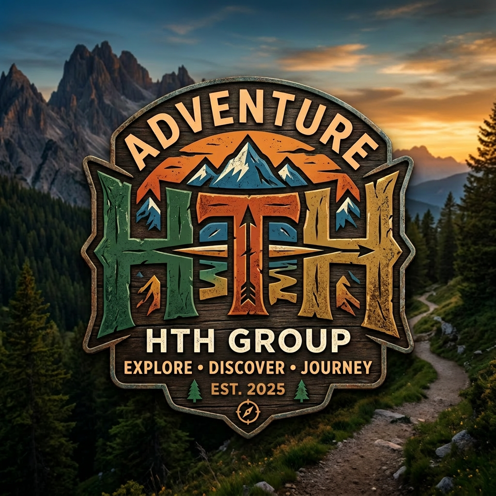 Adventure HTH Group logo with mountains, trees, and the text explore, discover, journey, est. 1985